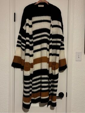 Impressions Black Ivory and Brown Striped Knit Cardigan